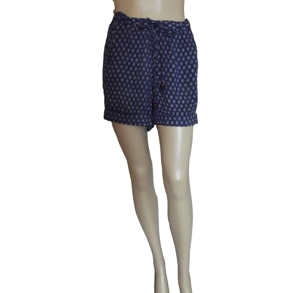 "Vintage American" Size Small Blue Print High Rise Shorts crinkle viscose cuffed